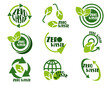 Zero waste labels in green with arrow and leaf icons. Zero waste green badge collection