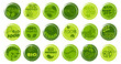 Green grunge circle badges collection for organic, healthy food, vegan, bio with leaf icons