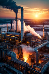 Wall Mural - Industrial factory with furnace and heat exchanger cracking hydrocarbons, sunset. Equipment petrochemical plant. Manufacturing and industry technology concept. Gen ai illustration. Copy ad text space