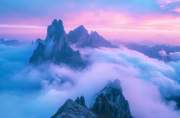 Wall Mural - Photograph of two mountain peaks emerging from the clouds 