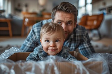 Family of three moving into a new apartment, the father is unboxing furniture and the mother is holding their small boy who sits inside a cardboard box