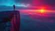 © 2D_Jungle - Bathed in the soft light of dawn, a hiker stands at the edge of a cliff, their silhouette a stark contrast against the vibrant colors of the sunrise.