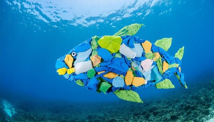 Wall Mural - Generated image of fish made of plastic garbage in the sea