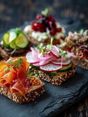 Wall Mural - Danish smorrebrod, open-faced sandwiches with various toppings, served on a slate plate. A traditional and flavorful dish from Denmark.