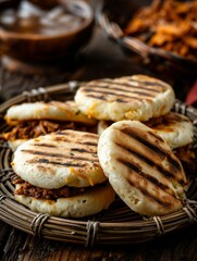 Wall Mural - Venezuelan arepas, cornmeal cakes stuffed with cheese, pulled pork, or beans, served on a woven basket. A traditional and flavorful dish from Venezuela.