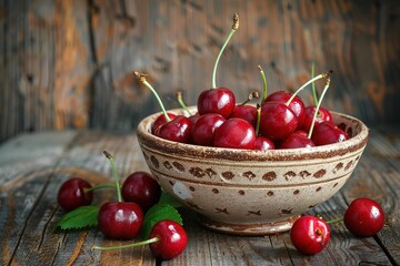 Wall Mural - Fresh cherry on plate on wooden dark background. fresh ripe cherries. sweet cherries