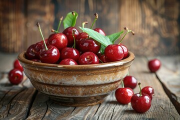 Wall Mural - Fresh cherry on plate on wooden dark background. fresh ripe cherries. sweet cherries