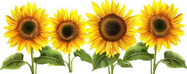 Wall Mural - illustration of sunflowers with yellow petals and green leaves on a isolated background