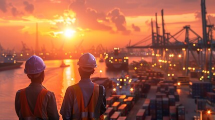 Wall Mural - Two engineers in hard hats looking out at a busy shipping port at sunset.Water transportation industry, logistics, cruise ship production, transport ship production, fisheries