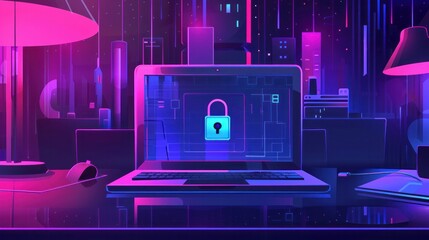 Wall Mural - illustration of cyber network security, laptop with locked key vector flat design 