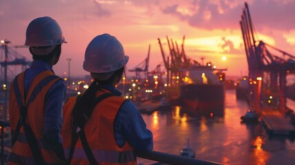 Two engineers in hard hats looking out at a busy shipping port at sunset.Water transportation industry, logistics, cruise ship production, transport ship production, fisheries