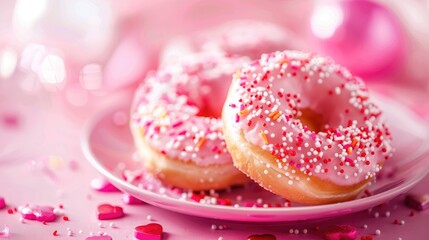 Sticker - A tantalizing close up shot of Valentine s donuts adorned with sugary sprinkles and icing against a pretty pink backdrop