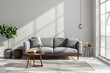 © LidiaLens - Minimalist and modern home interior design. Grey sofa in a living room with white walls. Light come through the windows, make shadows in the wall. Copy space