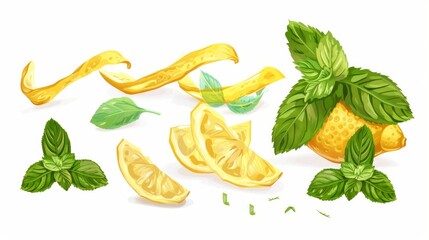 Wall Mural - Mint leaves and lemon peel. Vector illustration. 
