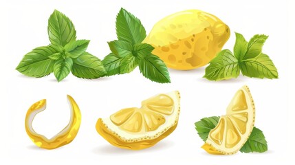 Wall Mural - Mint leaves and lemon peel. Vector illustration. 
