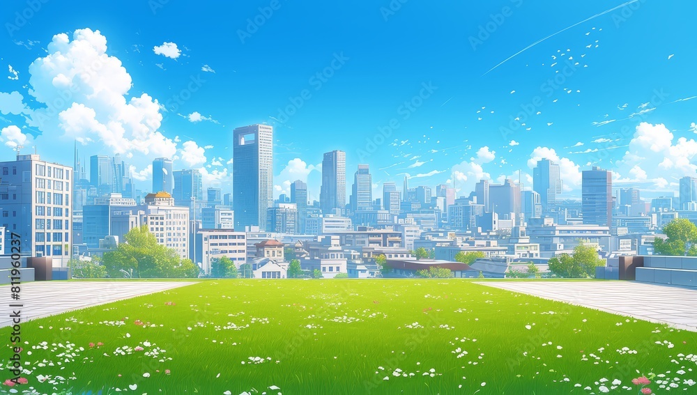 A cartoon city skyline with tall buildings and green grass, there is an ...