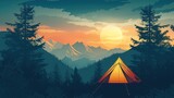 Fototapeta  - Namiot w kształcie kopuły ustawiony pośrodku gęstego lasu podczas zachodu słońca. Ostre konary otaczają strukturę, a słońce emituje ciepłe światło na tle nieba