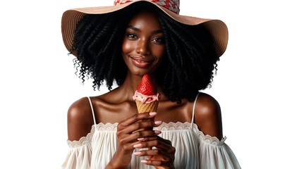 Wall Mural - Stylish young woman in a white dress and wide-brimmed hat enjoying a strawberry ice cream cone, PNG with transparent background. Perfect for fashion and summer lifestyle marketing