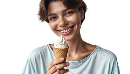 Wall Mural - Smiling woman enjoying a vanilla ice cream cone, PNG with transparent background. Ideal for lifestyle, health, and wellness promotions.