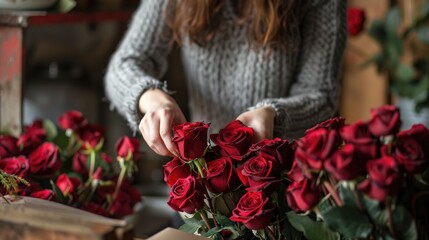 An unidentified woman is putting together a gorgeous bunch of crimson roses in celebration of Valentine s Day a beautiful expression of love