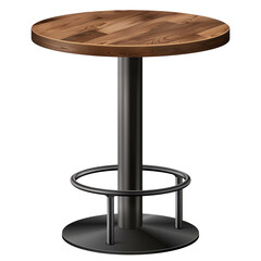 A realistic circular bar table with black metal legs and a brown wood top png