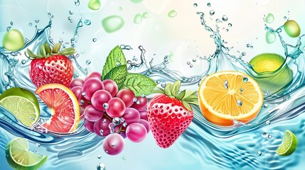 Poster - Water wave splash with fruits, background for fruit juice drink, realistic vector. Orange, apple, strawberry and raspberry berry with grape and lime fruits in splash of fresh water wave in pour flow 