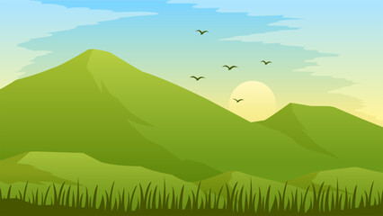 Wall Mural - Landscape illustration of green mountain with meadow in sunny day