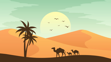 Wall Mural - Landscape illustration of camels silhouette in the sand desert