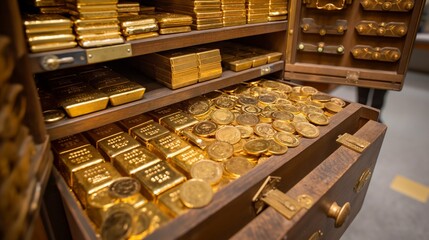 Sticker - Antique wooden cabinet filled with gold bars and coins. Perfectly illustrates wealth storage, historical value, and traditional banking.