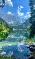 Wall Mural - Lake in the mountains, clear water reflecting the surrounding forest 