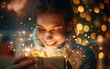 Young woman smiling at glowing, magical lights emanating from an open gift box.
