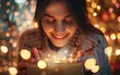 Young woman smiling at glowing, magical lights emanating from an open gift box.