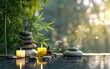 Zen spa setting with stacked stones, bamboo, oil, and candle.