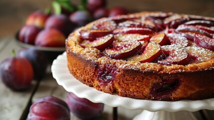 Rustic plum cake on wooden background with plums around. Plum pie concept