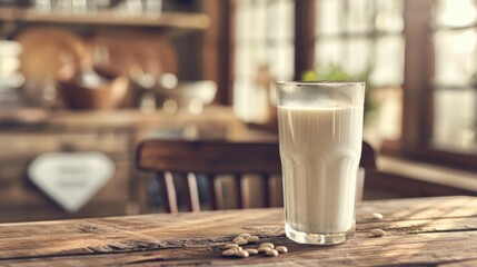 Wall Mural - Celebrate World Milk Day with a refreshing glass of cold farm fresh cow s milk packed with high protein and calcium served on a rustic wooden table alongside a nutrition label the perfect wa