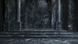 Elegant Gothic setting showcases a Black Marble Podium against a Dark Castle Interior, perfect for showcasing luxury gothic fashion.