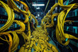  In the data center area, servers are haphazardly knotted together with yellow optic wires
