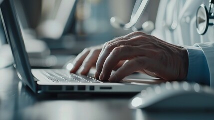 Wall Mural - Close-up of a doctor's hands typing on a computer, emphasizing the role of technology in healthcare.