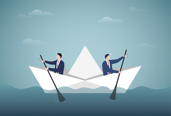 Choosing the direction of the business. Different opinions. Businessmen in the boat are rowing at the opposite direction from each other.