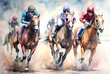 Galloping race horses in racing competition. Watercolor. Jockeys on racing horses. Sport. Champion. Hippodrome. Equestrian. Derby. Speed.