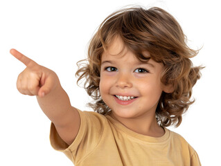 A young boy with brown hair and a yellow shirt pointing to the front