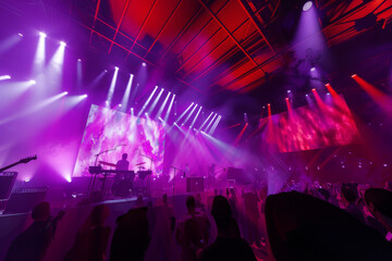 Poster - A crowd of people watching a band on stage with purple lights