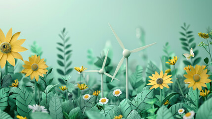 a field of flowers with two wind turbines in the foreground. concept of harmony between nature and t