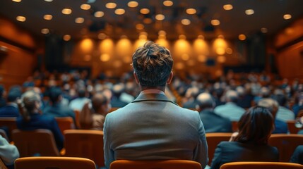 Wall Mural - Conference Attendees: Rear View of Audience in Seminar Meeting Hall - Business & Education Concept