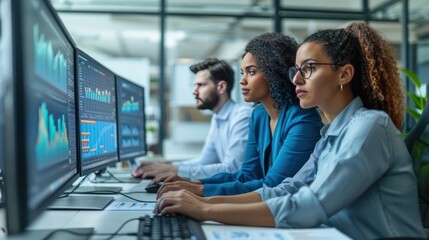 Data Analysis Team: Professional Male and Female Statisticians Analyzing Graphics on Multi-Monitor Computers