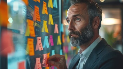 Wall Mural - Professional Business Team Brainstorming Marketing Strategy with Sticky Notes on Glass Wall during Meeting