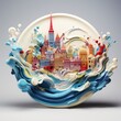 A white porcelain plate featuring a beautiful cityscape painting. 3d abstract illustration. This tableware piece is adorned with intricate ornaments and a circular design. High quality photo