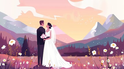Colorful wedding day bride and groom couple marriage ceremony with hill landscape and scenery vector illustration