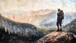Adventurer standing atop mountain overlooking forest