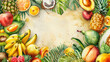 Fruit: A colorful collection of fresh fruits arranged on a background  fits your description, Poster, background, backdrop, copy space